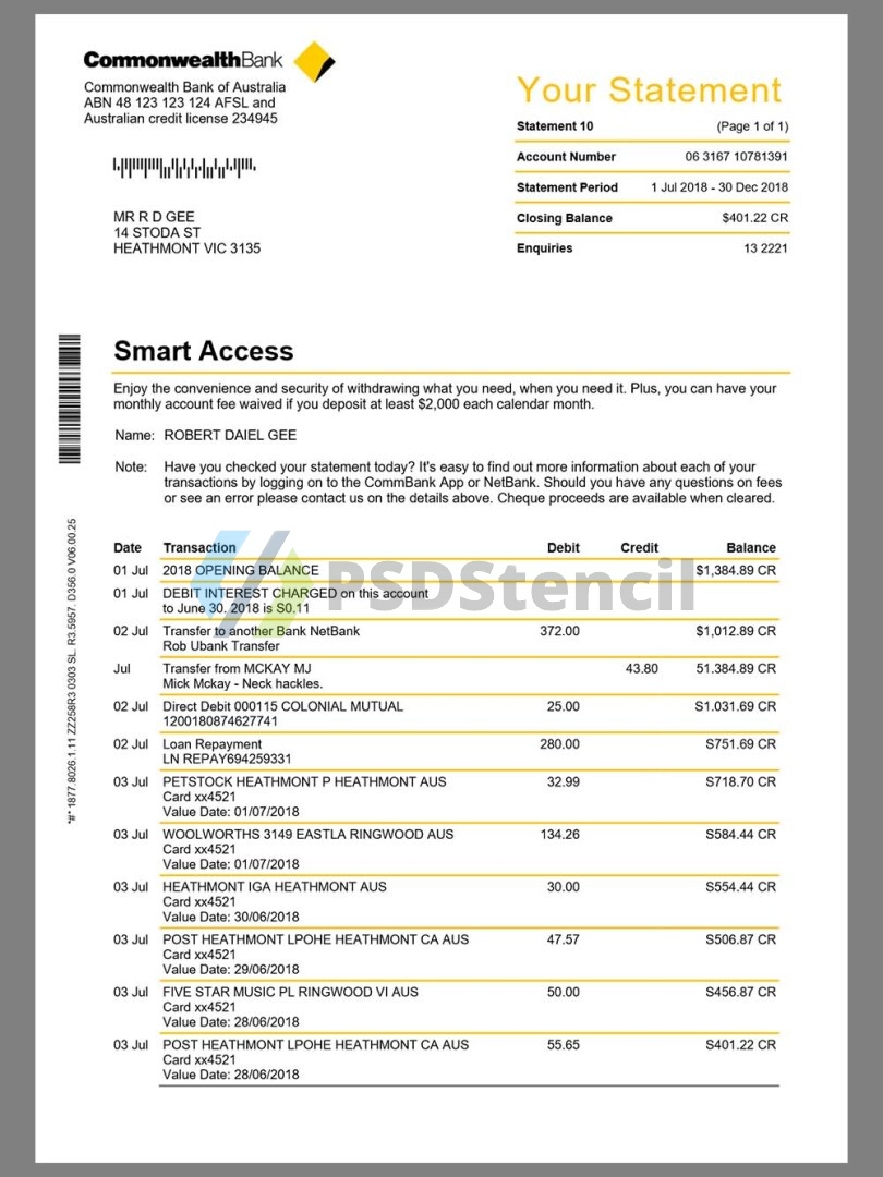 澳大利亚Commonwealth Bank Statement银行账单/KYC地址证明word模板