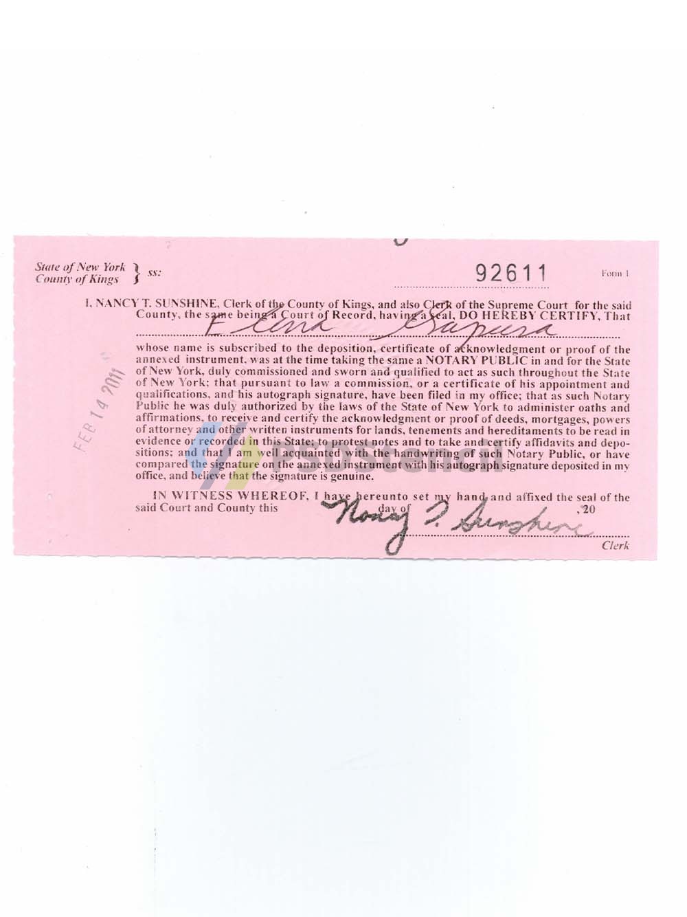 USA New York Notary Public Certificate of Acknowledgement纽约公证人确认书模板