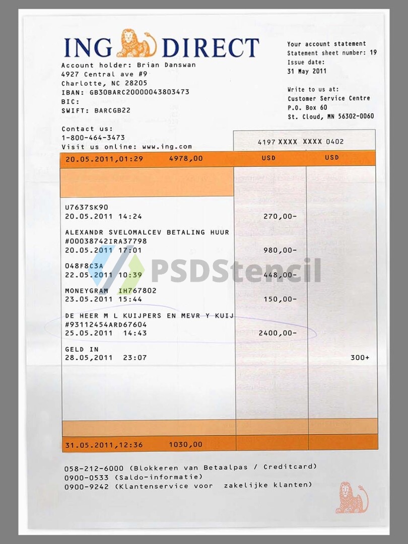 欧洲|ING Direct Bank Statement银行账单/KYC地址证明PSD模板