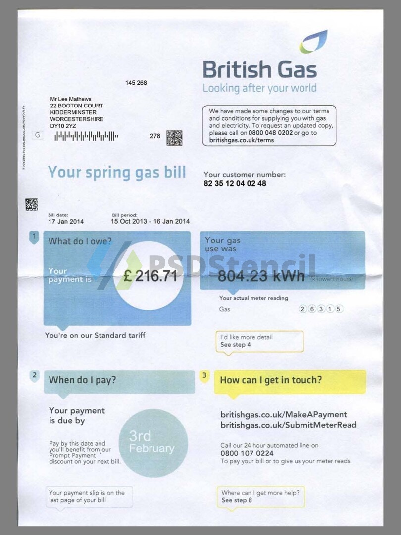 英国British Gas Utility Bills水电费账单/KYC地址证明psd模板 V2