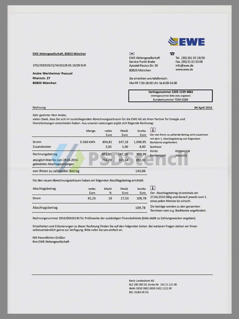 欧盟|Germany EWE Energy Utility Bills德国水电费账单PSD/PS模板