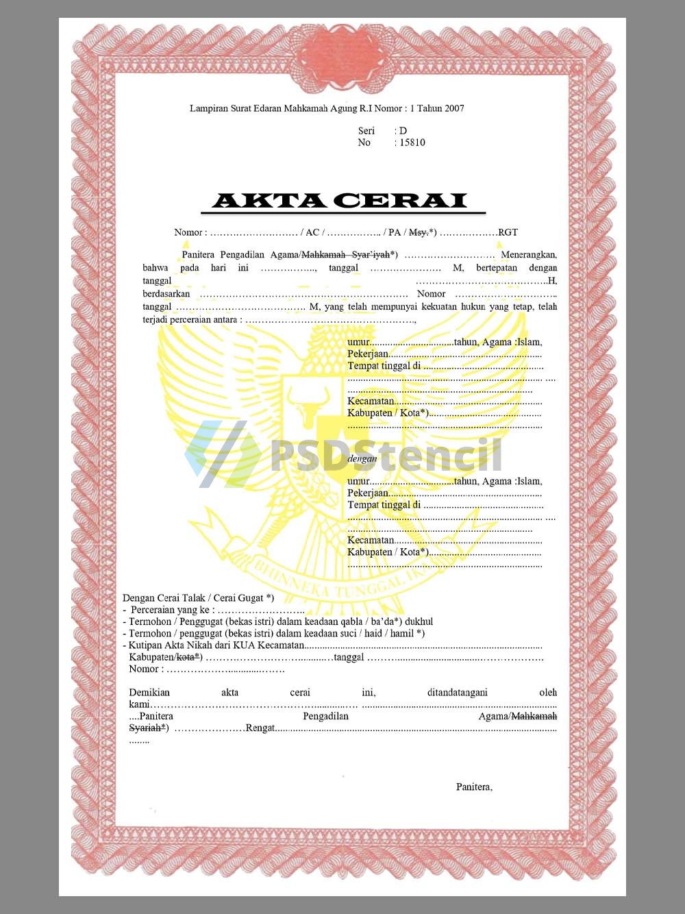 东南亚|Indonesia Divorce Certificate印度尼西亚/印尼离婚证明word模板