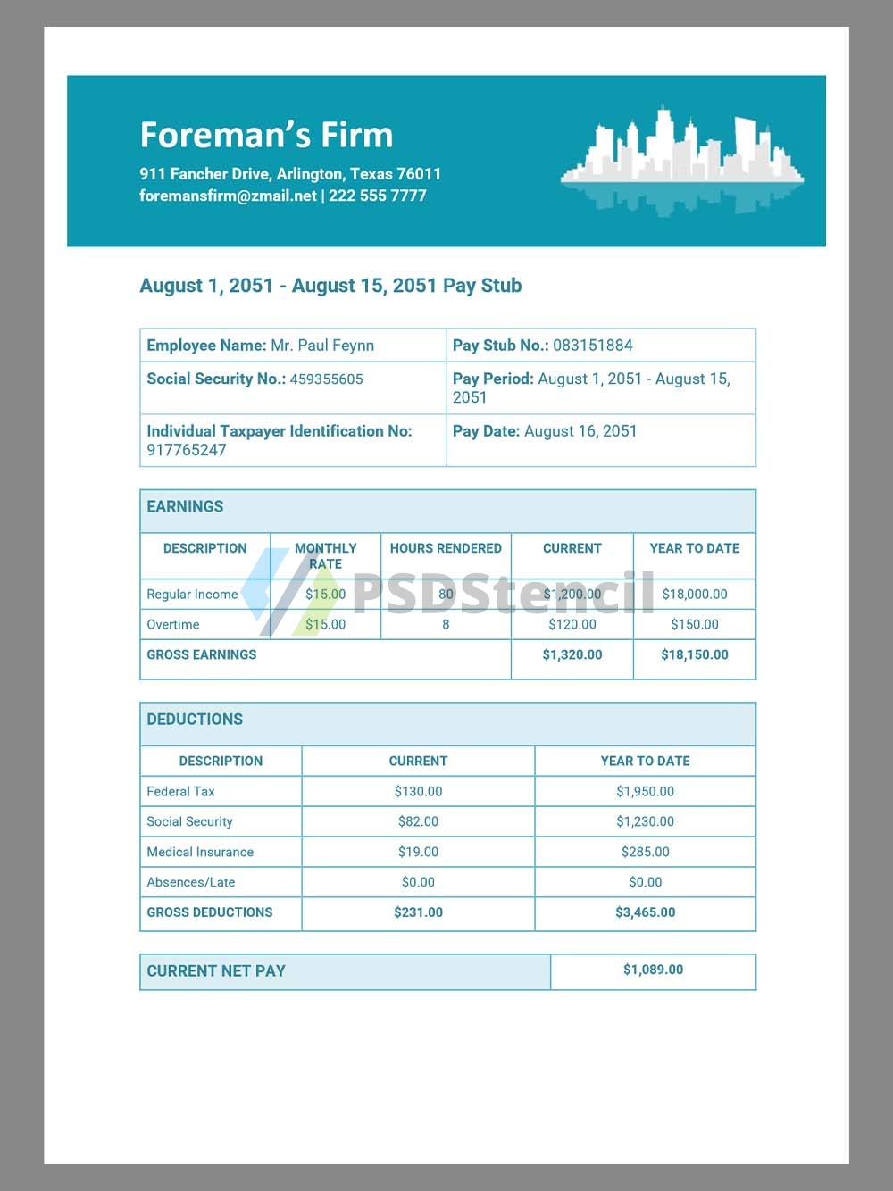 Foreman’s Firm Paystub template北美建筑公司收入证明/工资账单Word模板