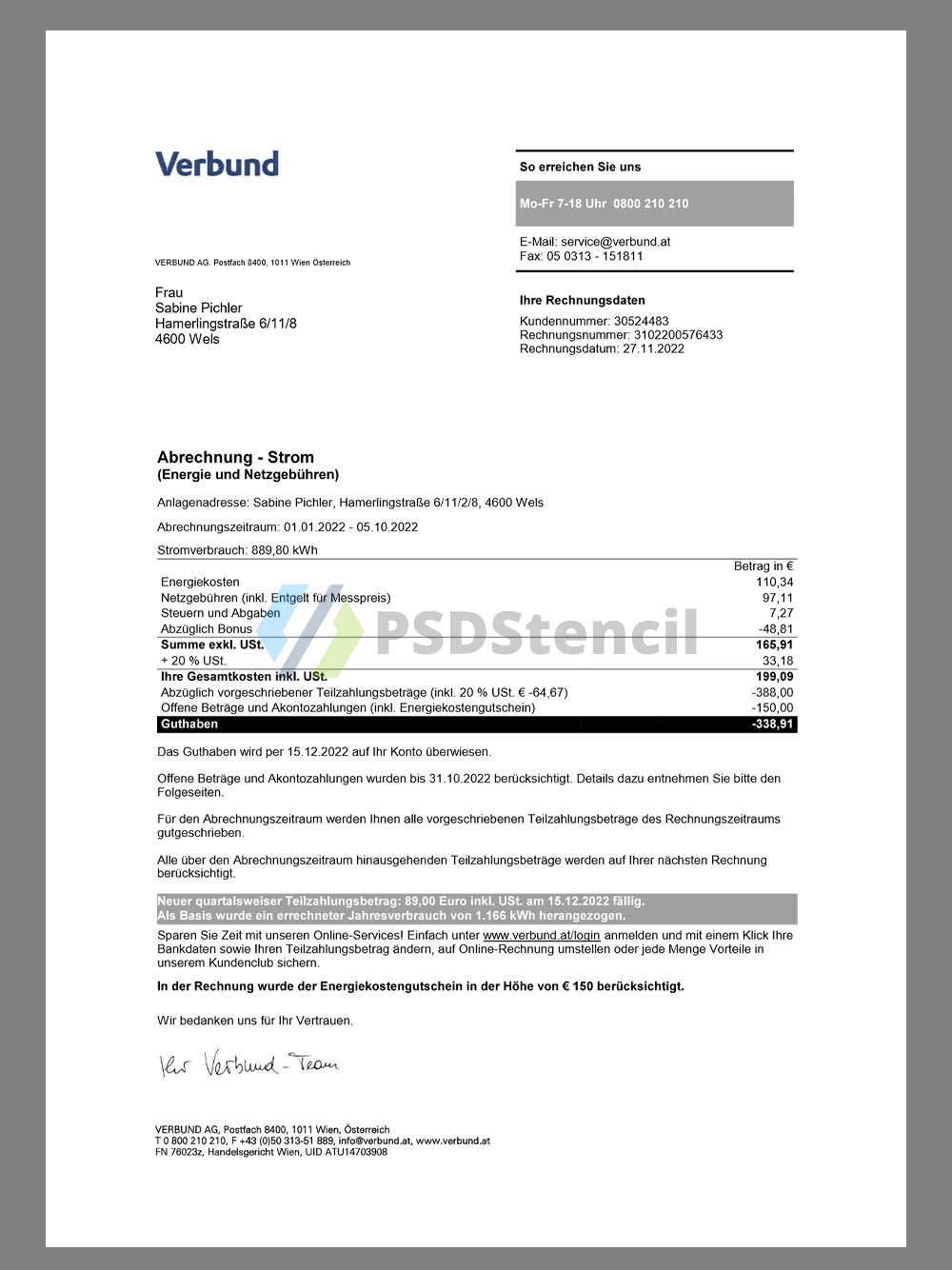 Austria Verbund Energy Utility Bill奥地利水电费账单pdf模板