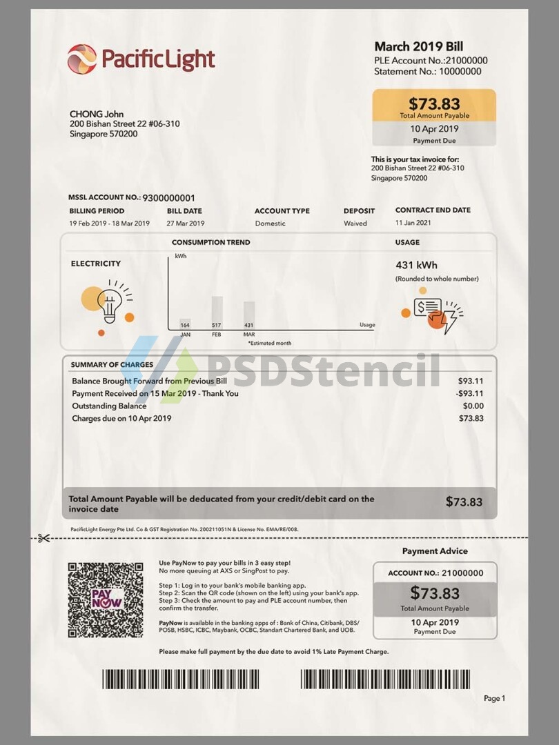 东南亚|Singapore Pacific Light Invoice新加坡宽带/话费账单PS/PSD模板
