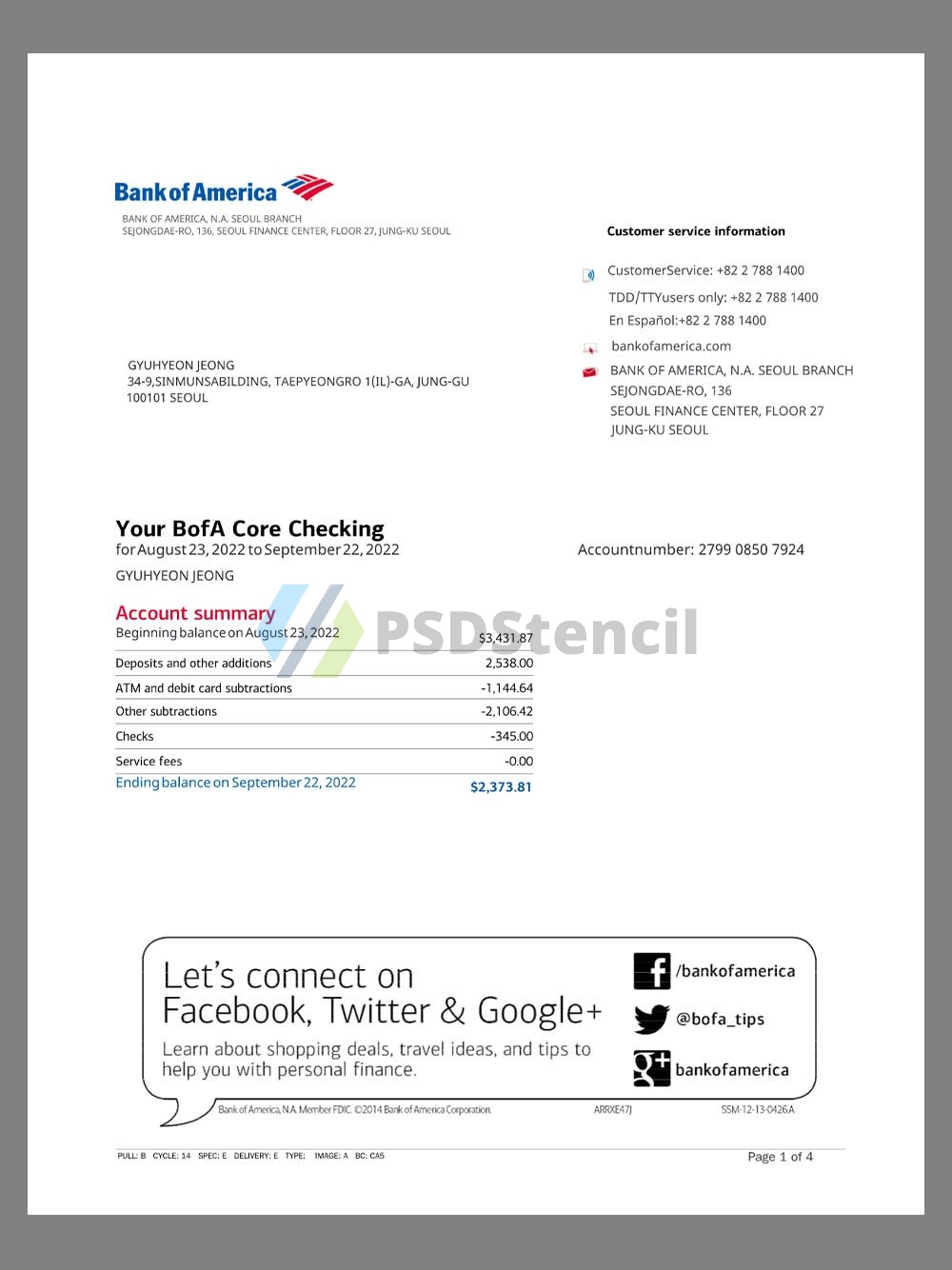 South Korea BOA Bank Statement韩国银行账单pdf模板(English)