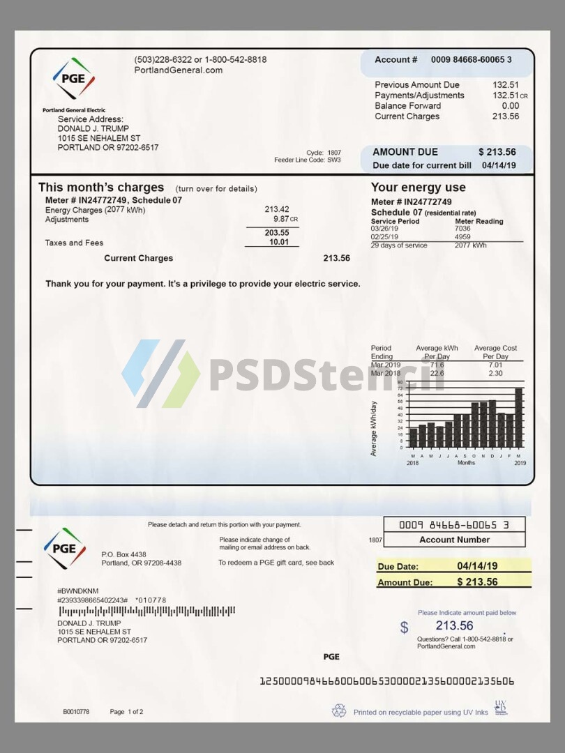 USA Oregon PGE Electricity Utility Bills美国俄勒冈州水电费账单PS/PSD模板