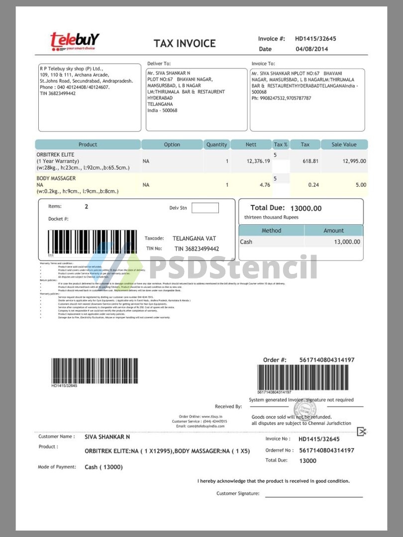 Telebuy Shopping Tax Invoice购物账单/KYC地址证明pdf模板