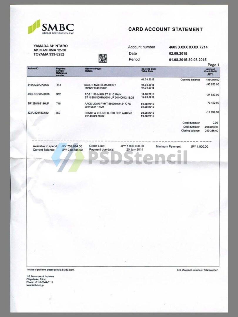 日本Japan SMBC Bank Statement银行账单/KYC地址证明psd模板