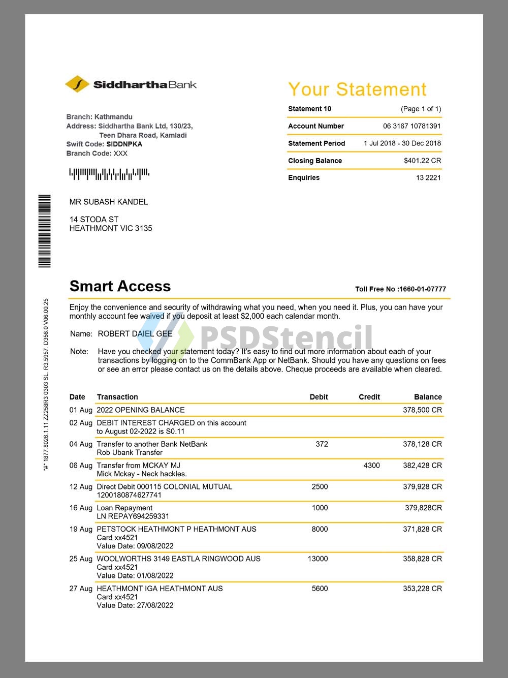 南亚|Nepal Siddhartha Bank Statement尼泊尔银行账单pdf模板