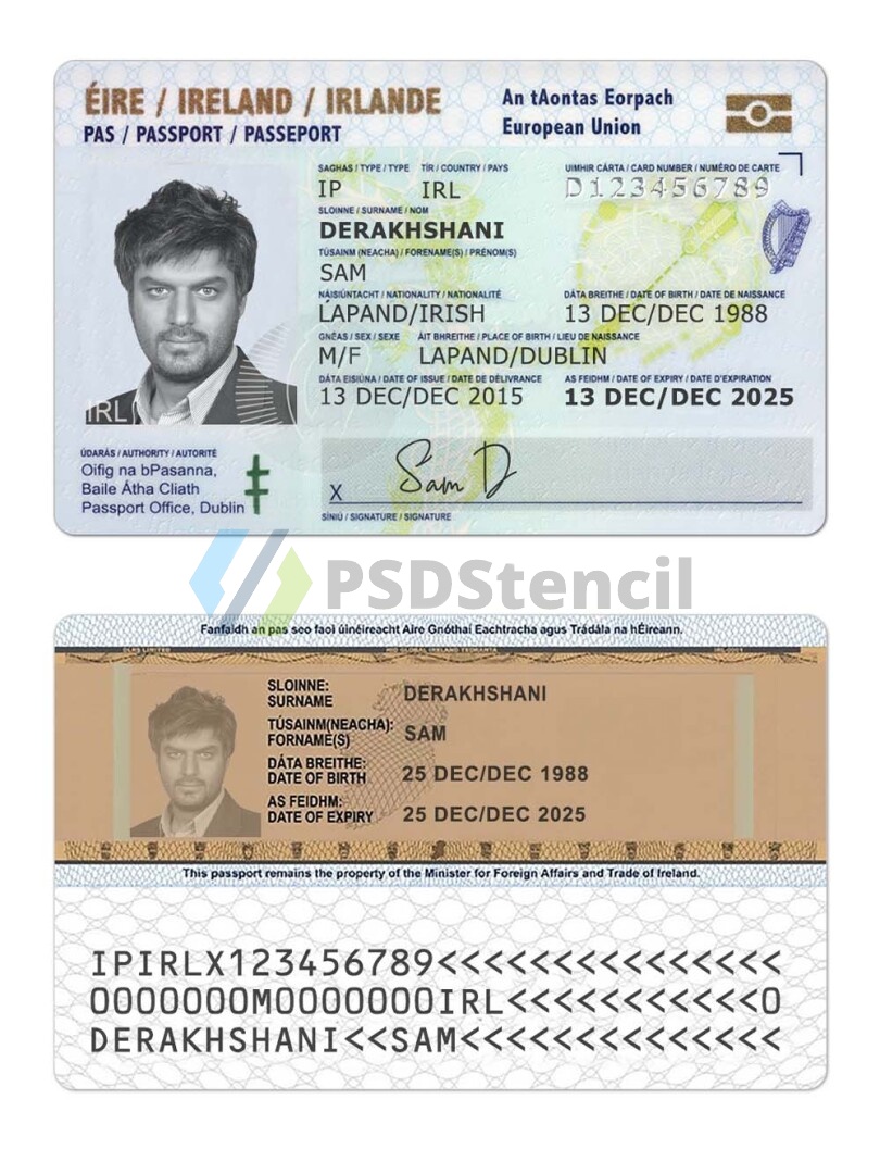 欧盟 | Ireland爱尔兰ID卡/身份验证卡photoshop/PS/PSD模板