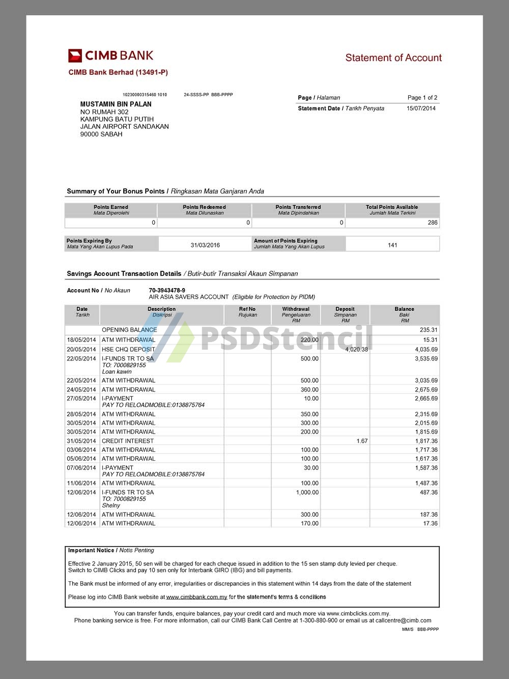 东南亚|Malaysia CIMB Bank Statement马来西亚银行账单pdf模板