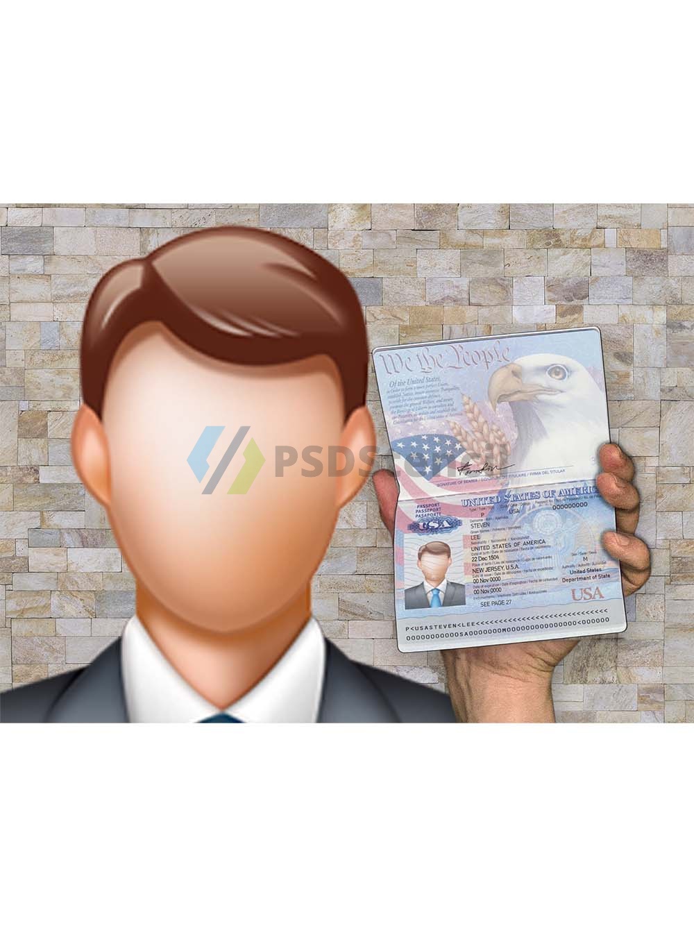 Old Man Selfie With USA Passport老人手持护照PS/PSD模板（V1版）