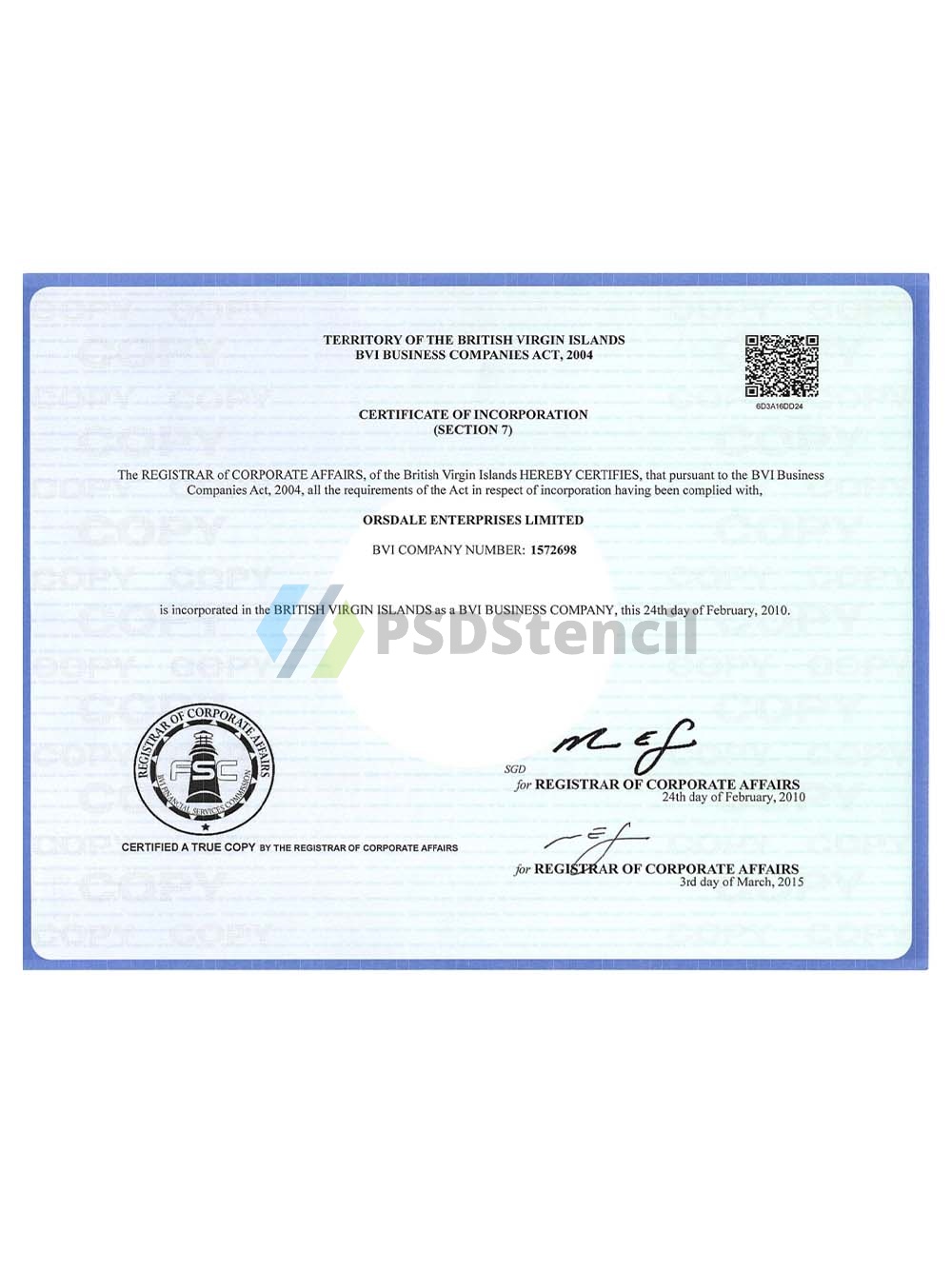 BVI |British Virgin Islands Company Certificate英属维尔京群岛营业执照pdf模板