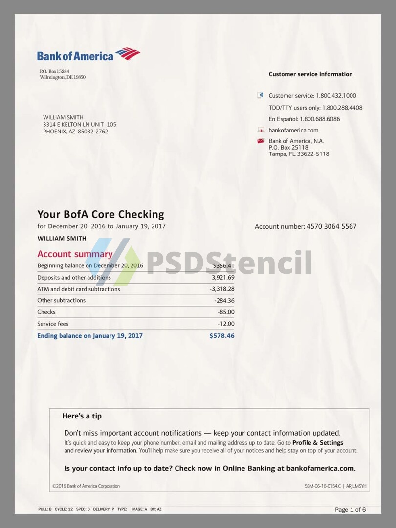 Bank Of America Statement V3美国银行账单/KYC地址证明psd模板