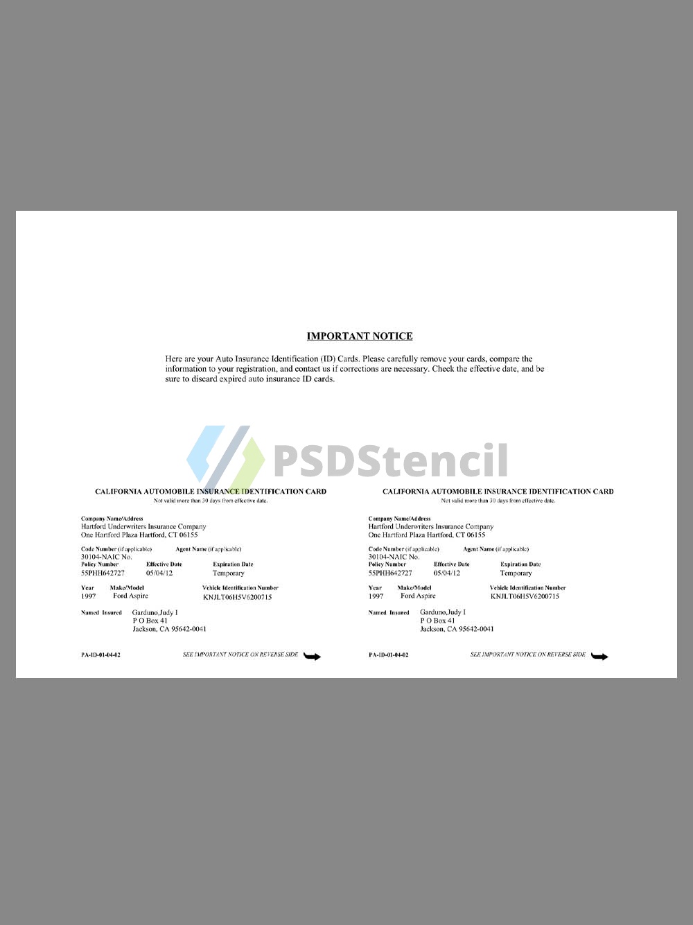 USA California Automobile Insurance ID Card美国加州汽车保险ID卡pdf模板