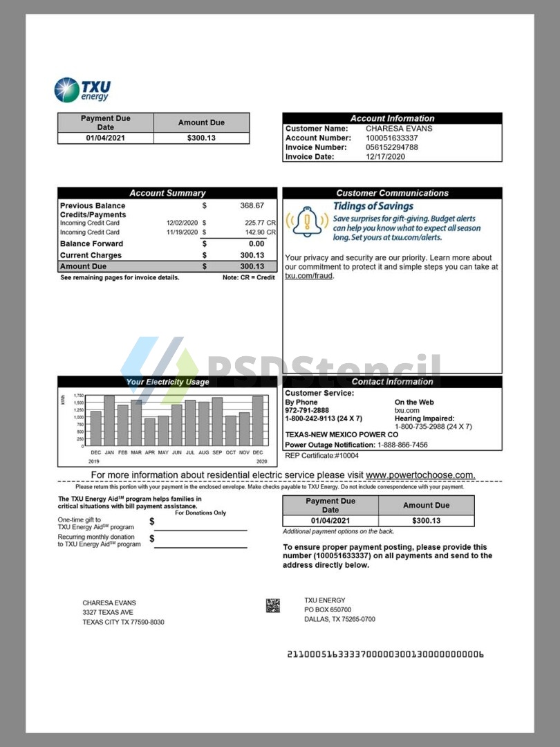 USA Texas TXU Energy Utility Bills美国德克萨斯州水电费账单word/pdf模板