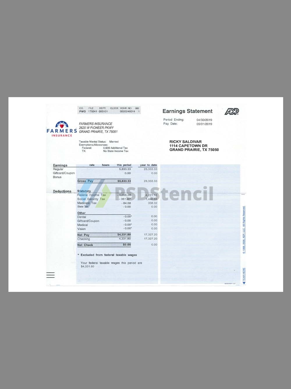 Farmers Insurance Paystub template保险公司收入证明/工资账单PDF模板