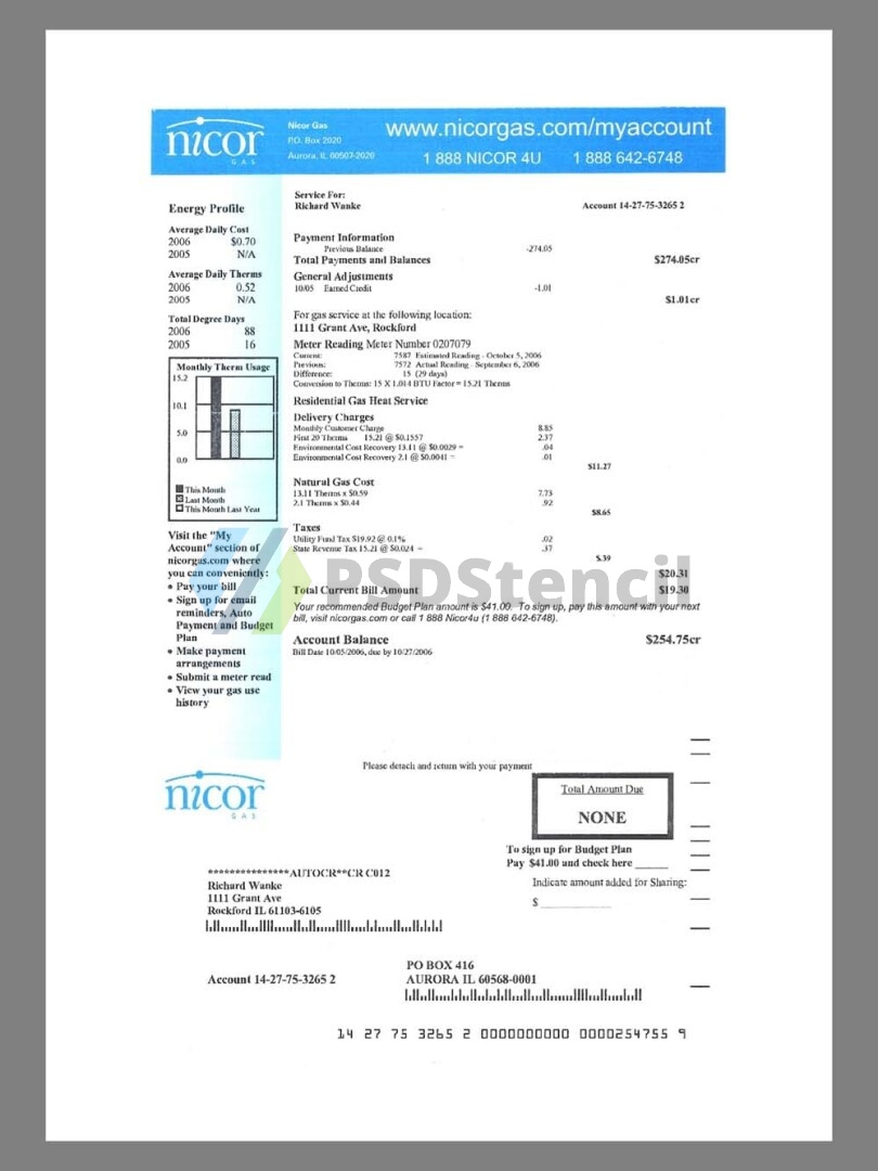 美国USA Illinois Nicor Gas Utility Bills水电费账单/KYC地址证明pdf模板