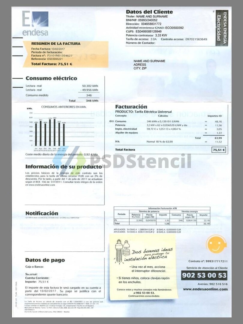 南美|西语|智利Chile Endesa Utility Bills水电费账单/KYC地址证明psd模板