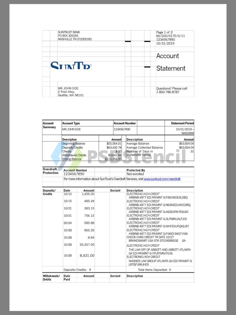美国SunTrust Bank Statement银行账单/KYC地址证明word模板