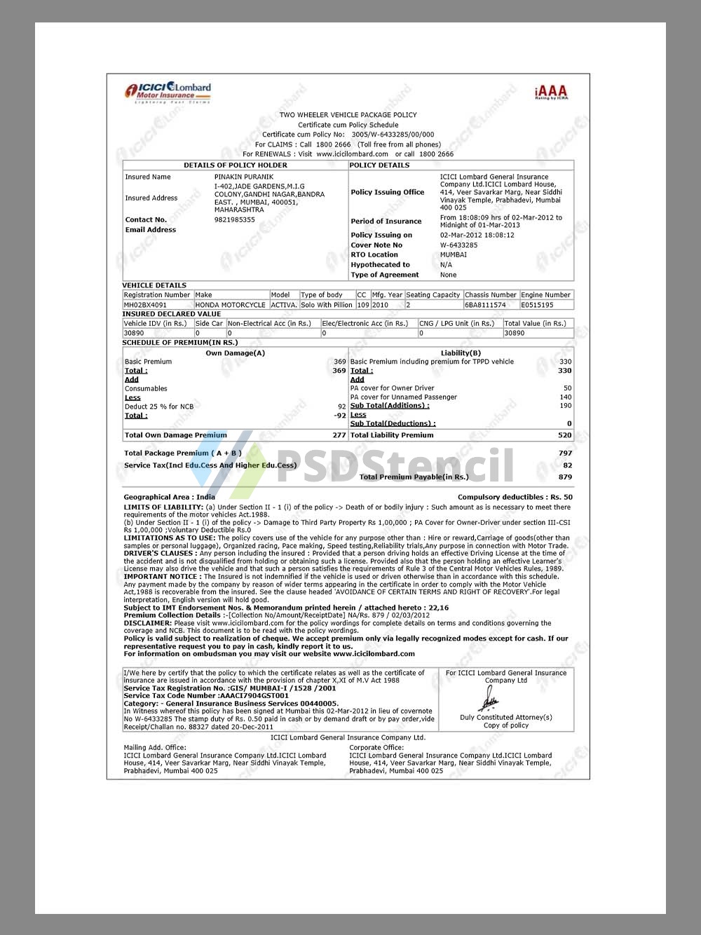 India ICICI Lombard General Insurance印度孟买双轮车保险保单pdf模板