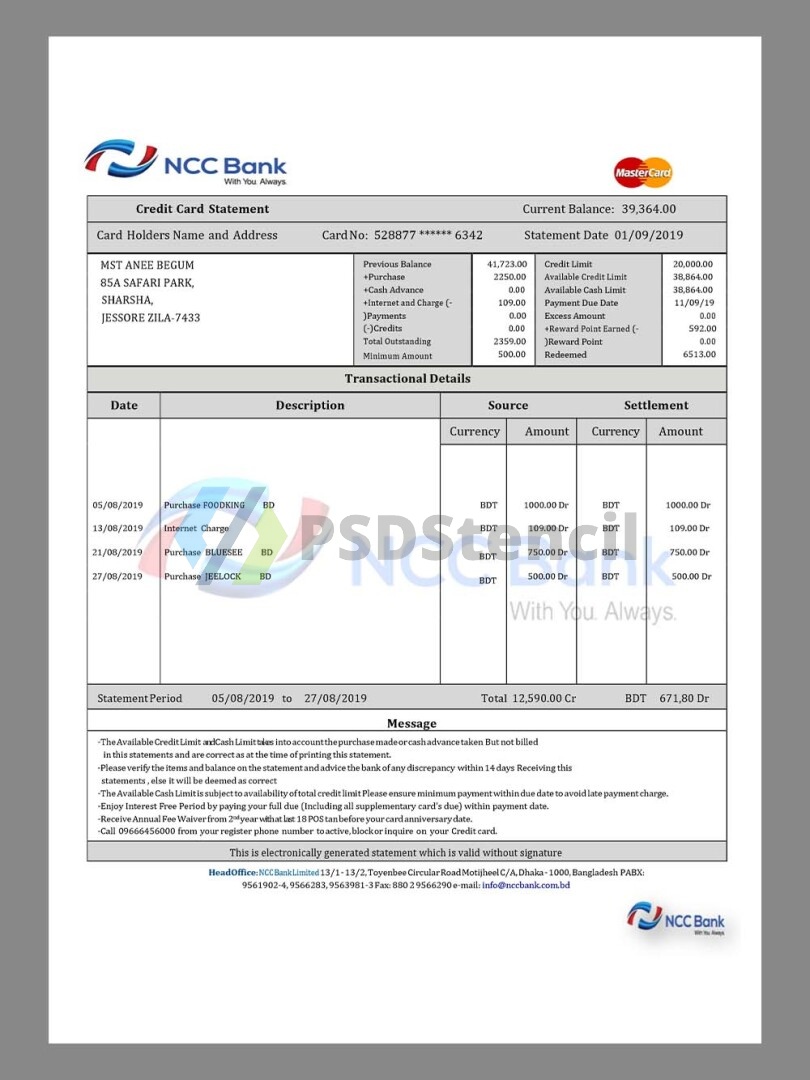 孟加拉Bangladesh NCC BANK Statement银行账单/KYC地址证明word模板