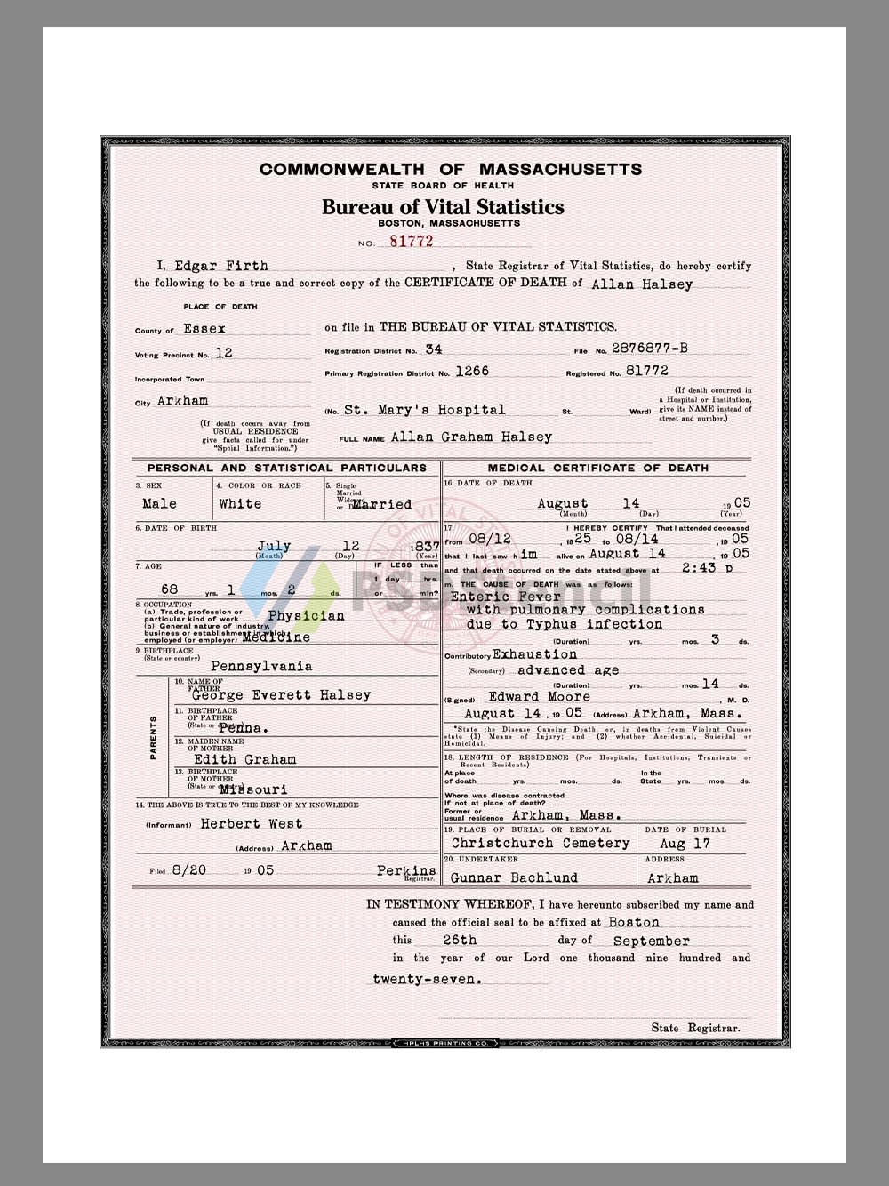 USA Massachusetts Death Certificates美国马萨诸塞州死亡证明pdf模板
