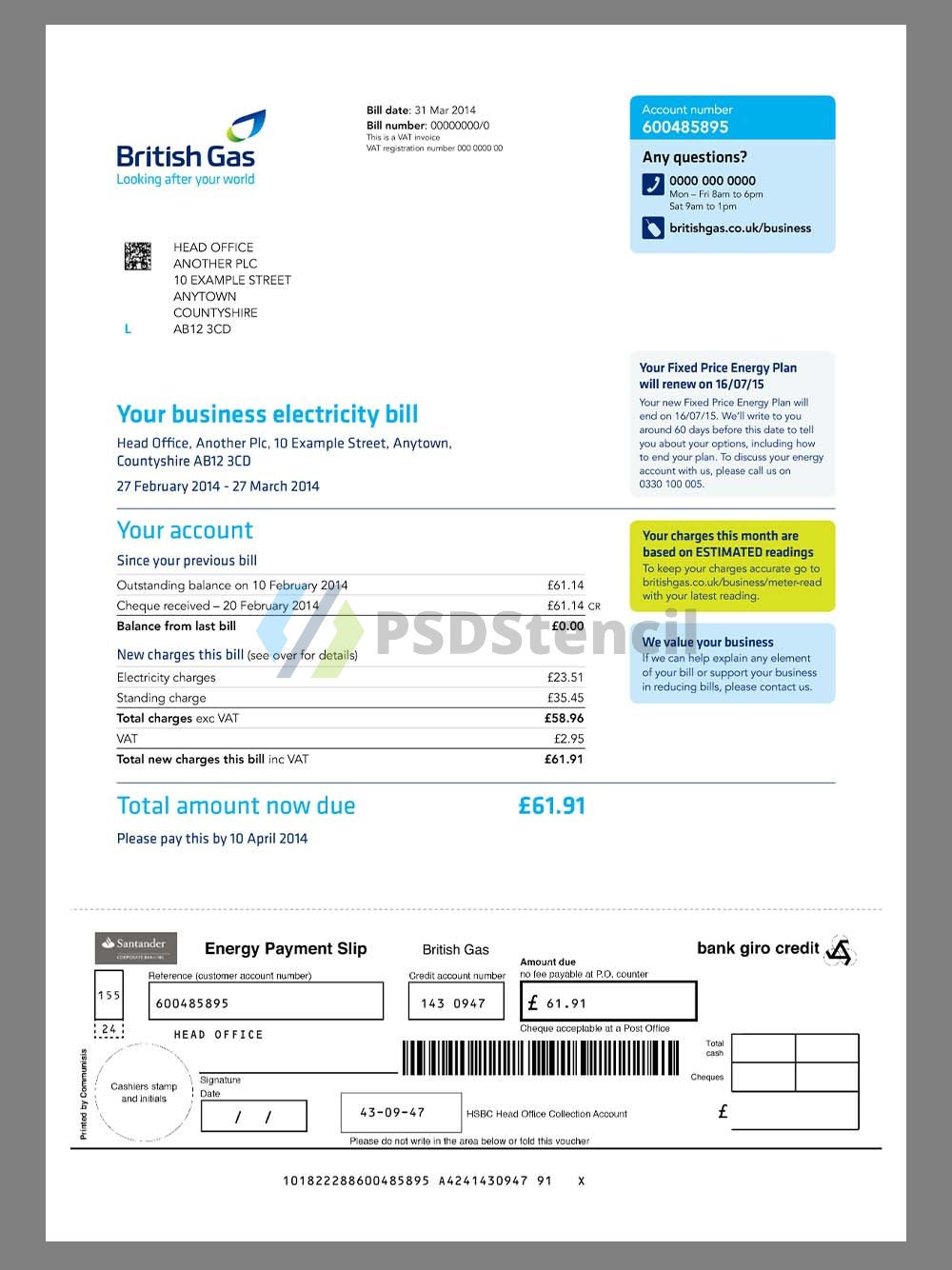 UK British Gas Company Business Utility Bills英国公司水电费账单pdf模板