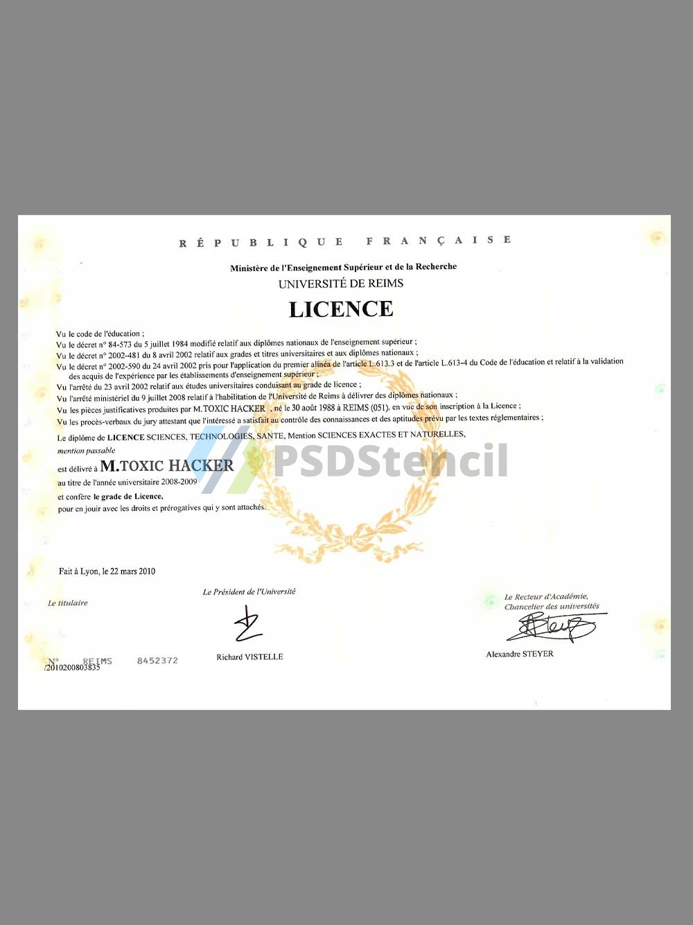 France University Diploma Certificate法国大学学位证书PS/PSD模板(V1)