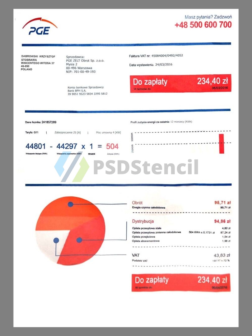 欧盟|波兰Poland PGE Utility Bills水电费账单/KYC地址证明psd模板 V2