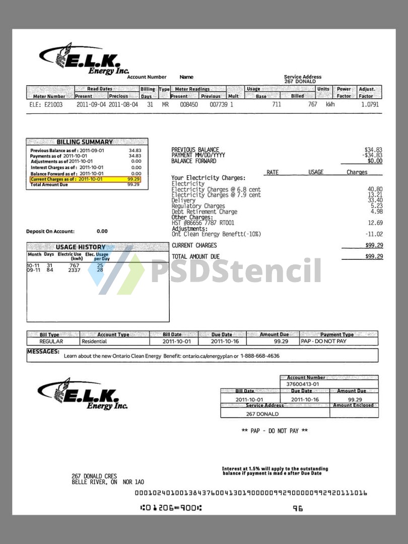 北美|加拿大Canada ELK Energy Utility Bills水电费账单/KYC地址证明psd模板