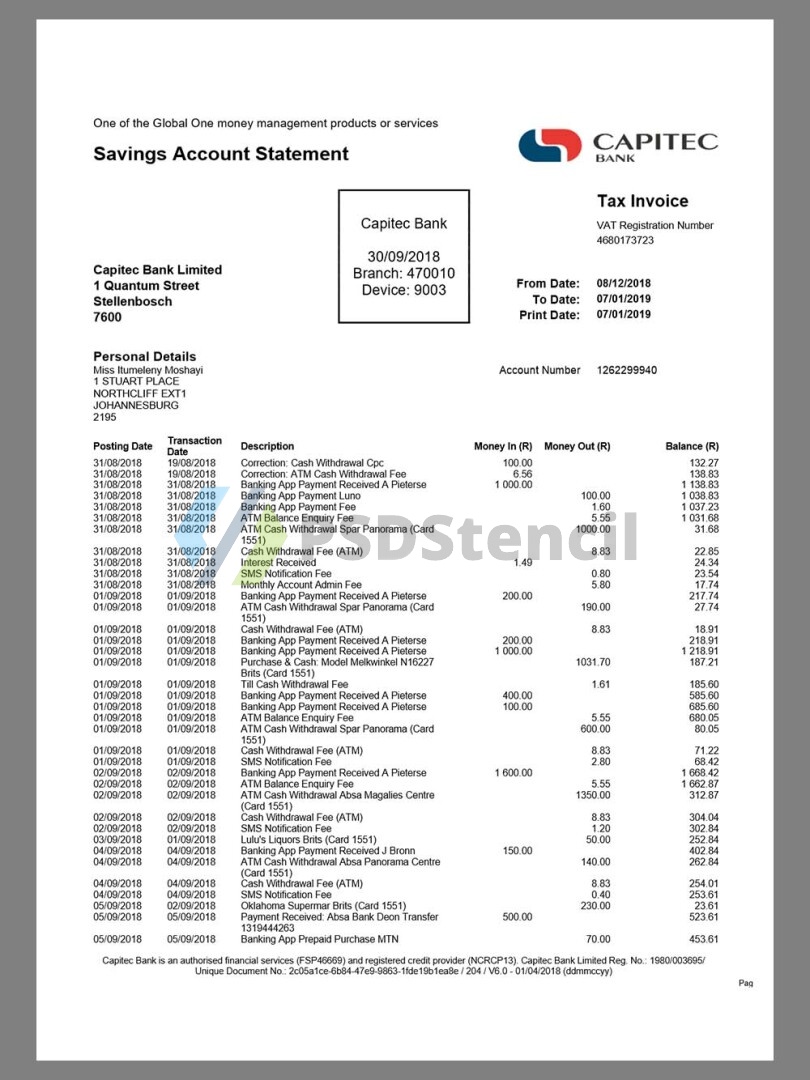 非洲|南非South Africa Capitec Bank Statement银行账单/KYC地址证明word模板