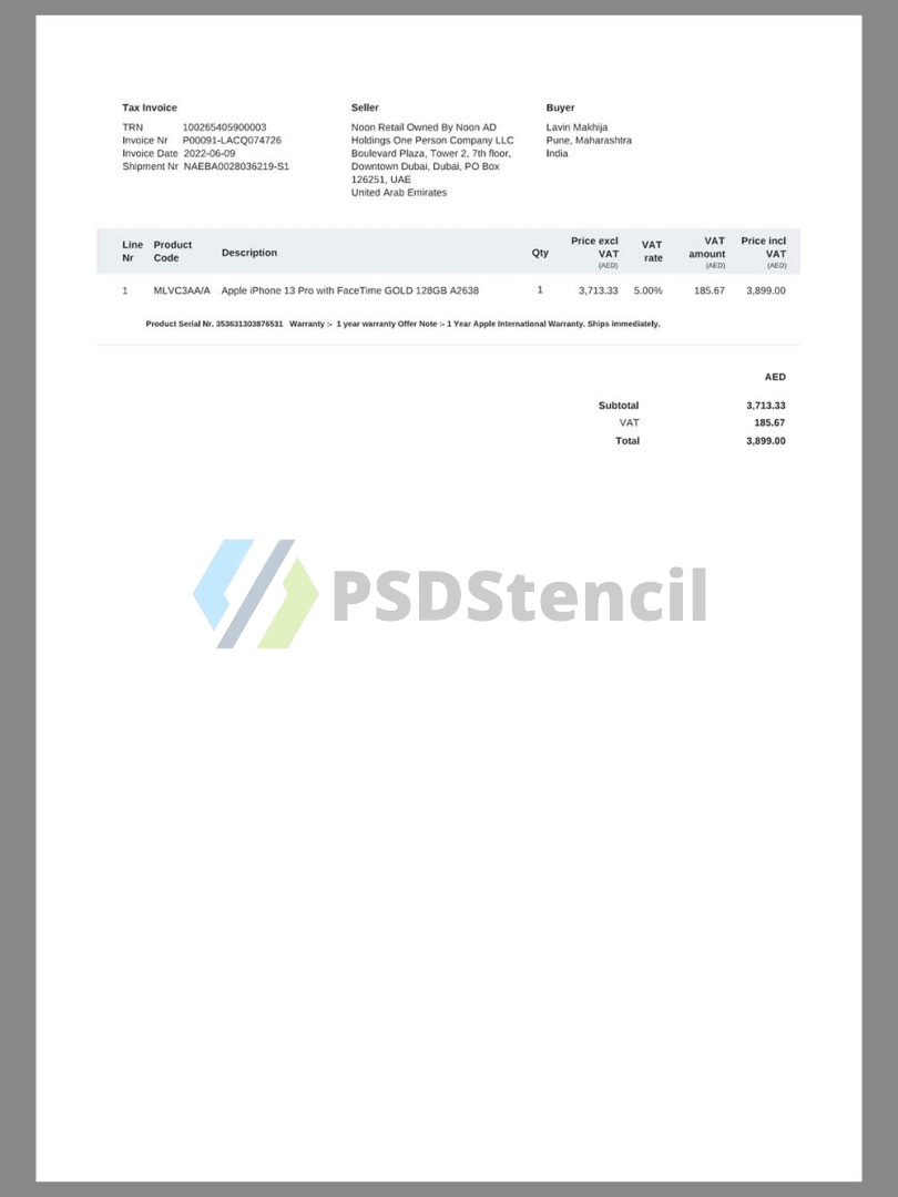 中东|Noon Buy Iphone Invoice线上购物账单/KYC地址证明word/pdf模板