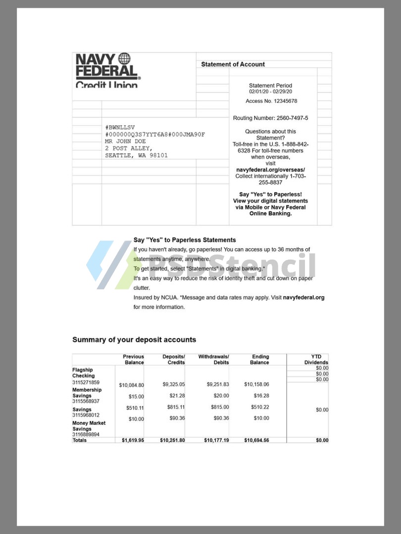 美国Navy Federal Bank Statement银行账单/KYC地址证明word模板 V1