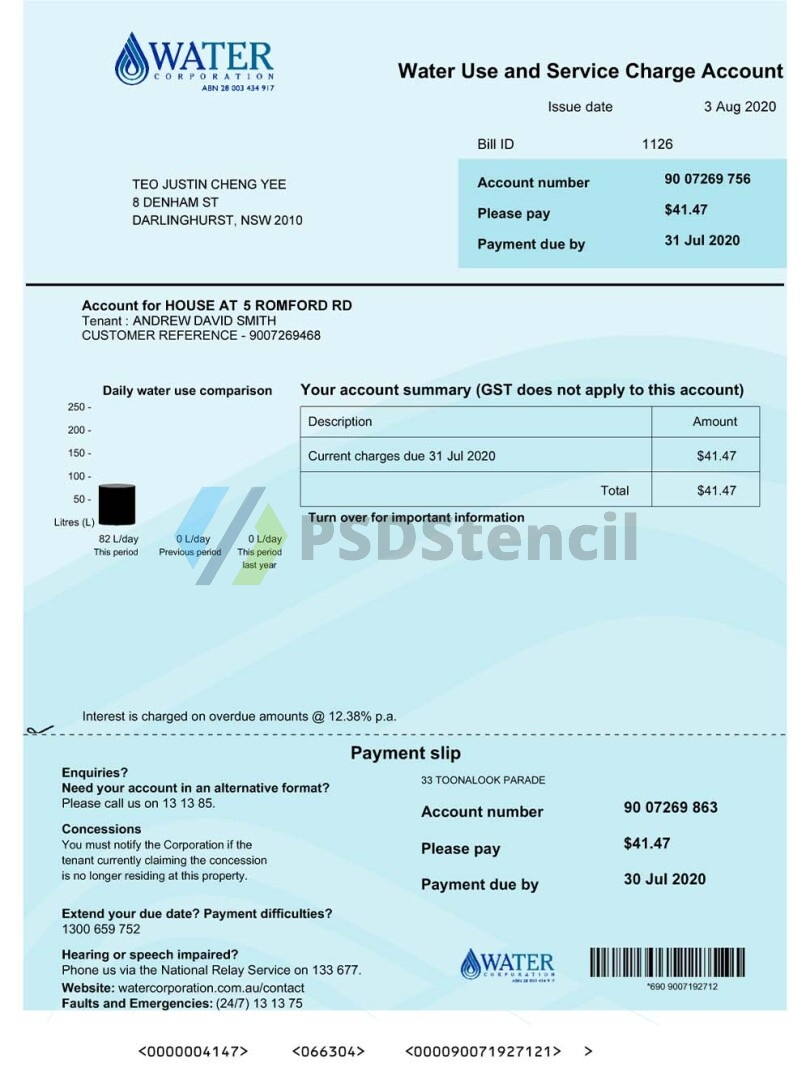 澳洲|Australia Water Corporation Utility Bills澳大利亚水电费账单word/pdf模板