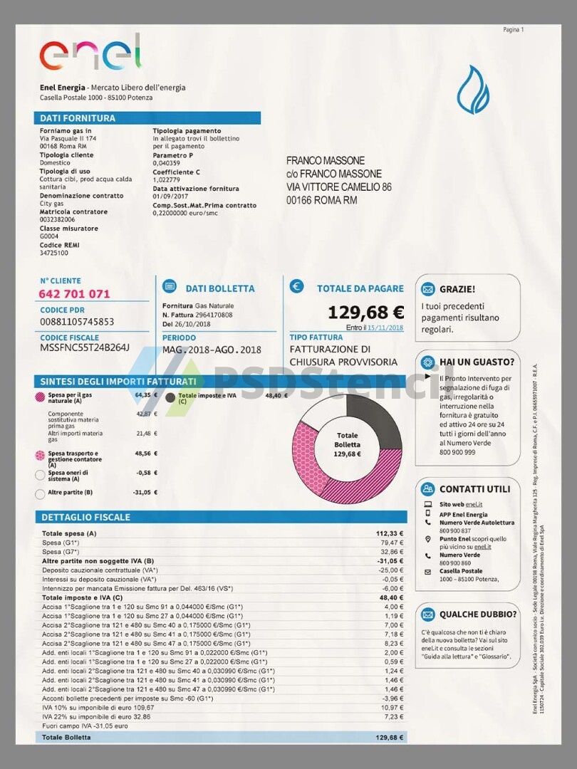 欧盟|Italy Enel Utility Bills意大利电力公司水电费账单PSD/PS模板
