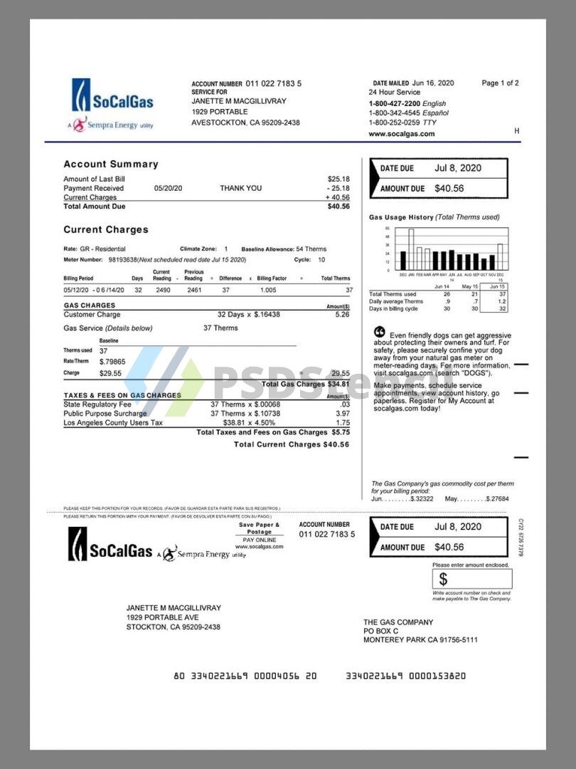美国USA California SoCalGas Utility Bills水电费账单/KYC地址证明pdf模板