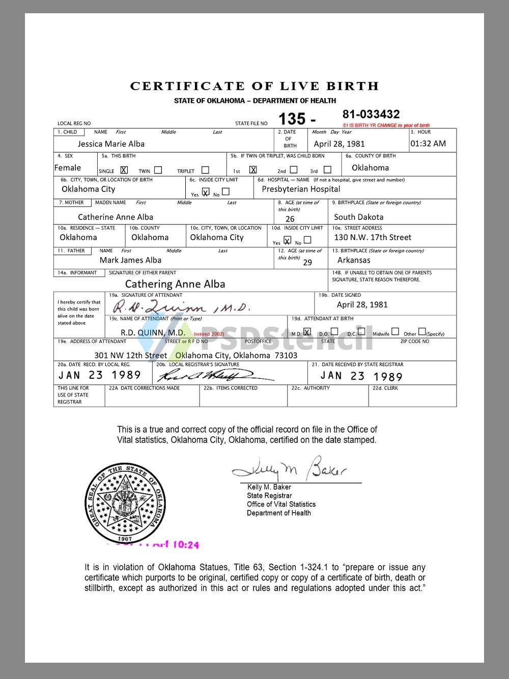 USA Oklahoma Birth Certificate美国俄克拉荷马出生证明word模板