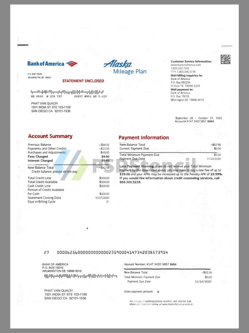 Bank Of America Statement V2美国银行账单/KYC地址证明pdf模板
