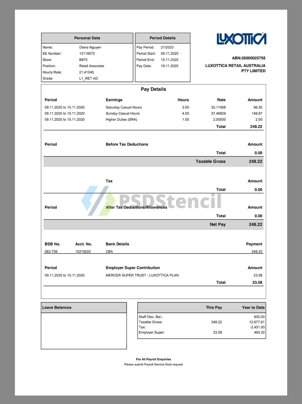Luxottica Paystub template眼镜公司收入证明/工资账单PDF模板