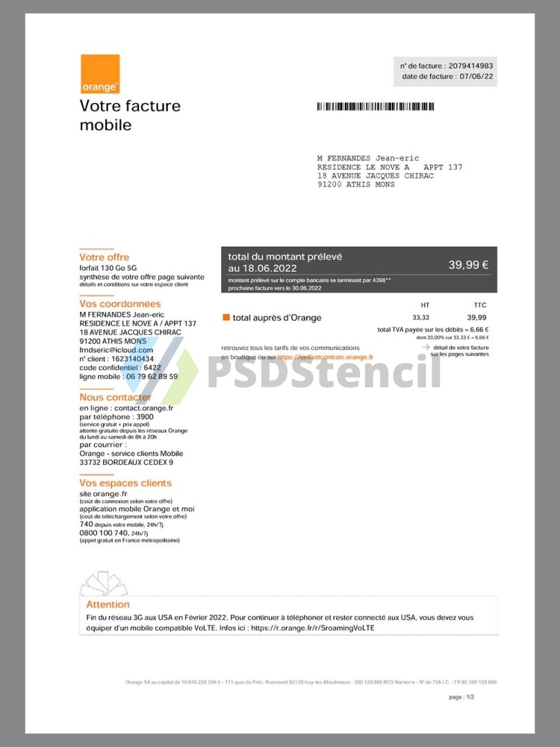 欧盟|France Orange Mobile Utility Bills法国话费账单/水电费账单pdf模板