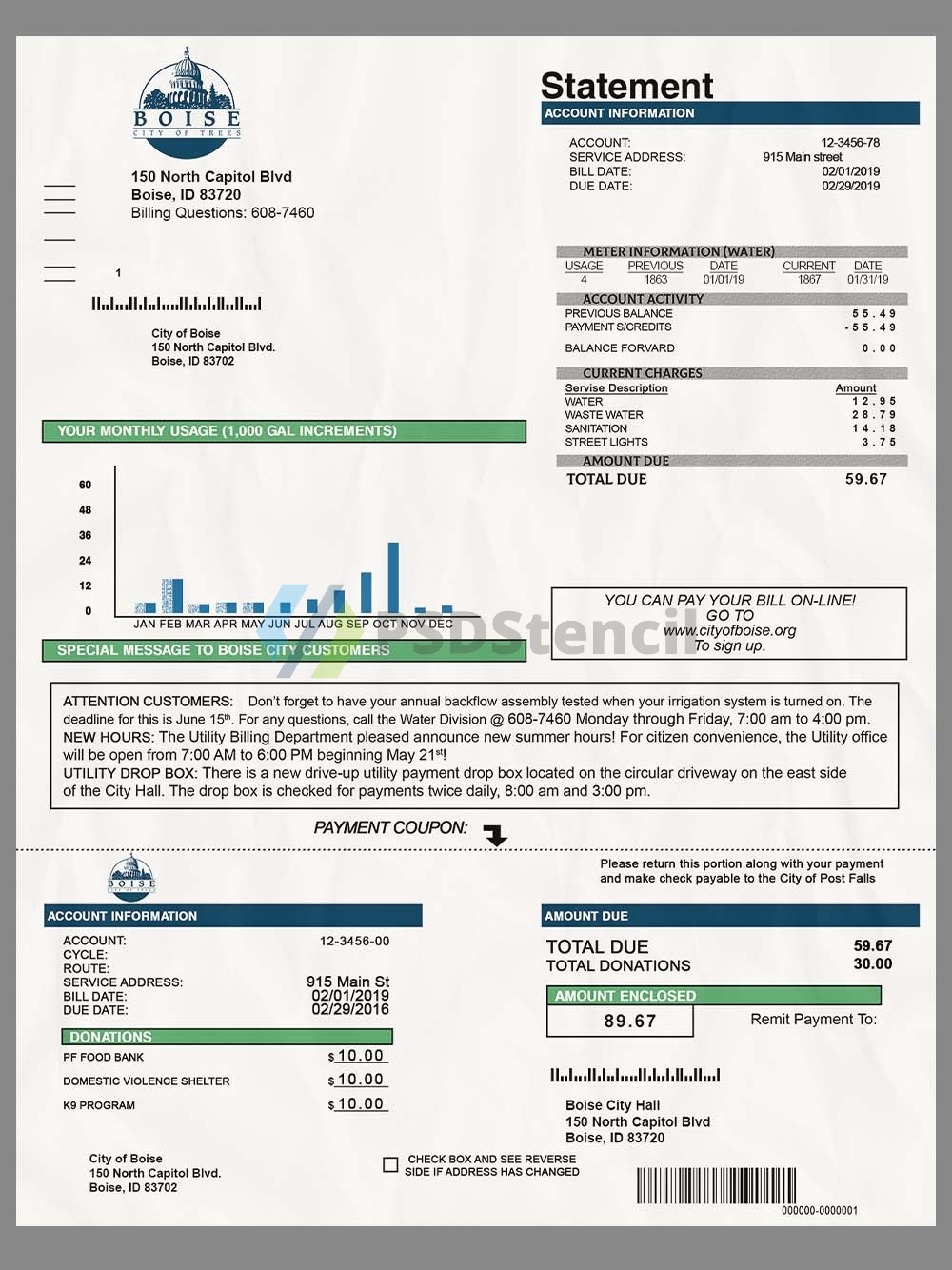 USA Idaho Boise Water Bills美国爱达荷水电费账单/KYC地址证明PS/PSD模板