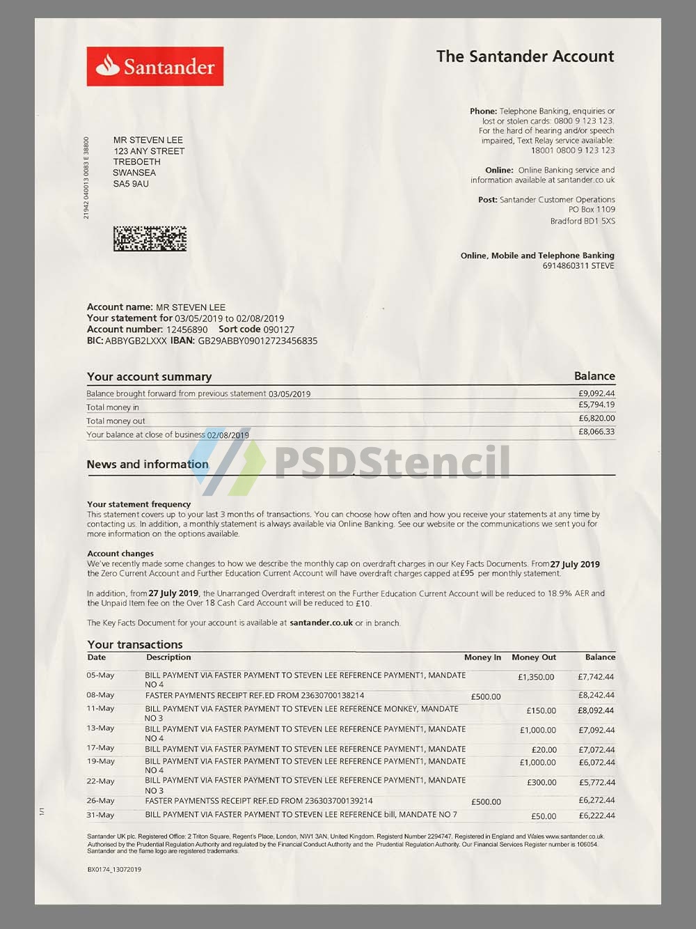 Santander Bank Statement英文版桑坦德银行账单/KYC地址证明PS/PSD模板