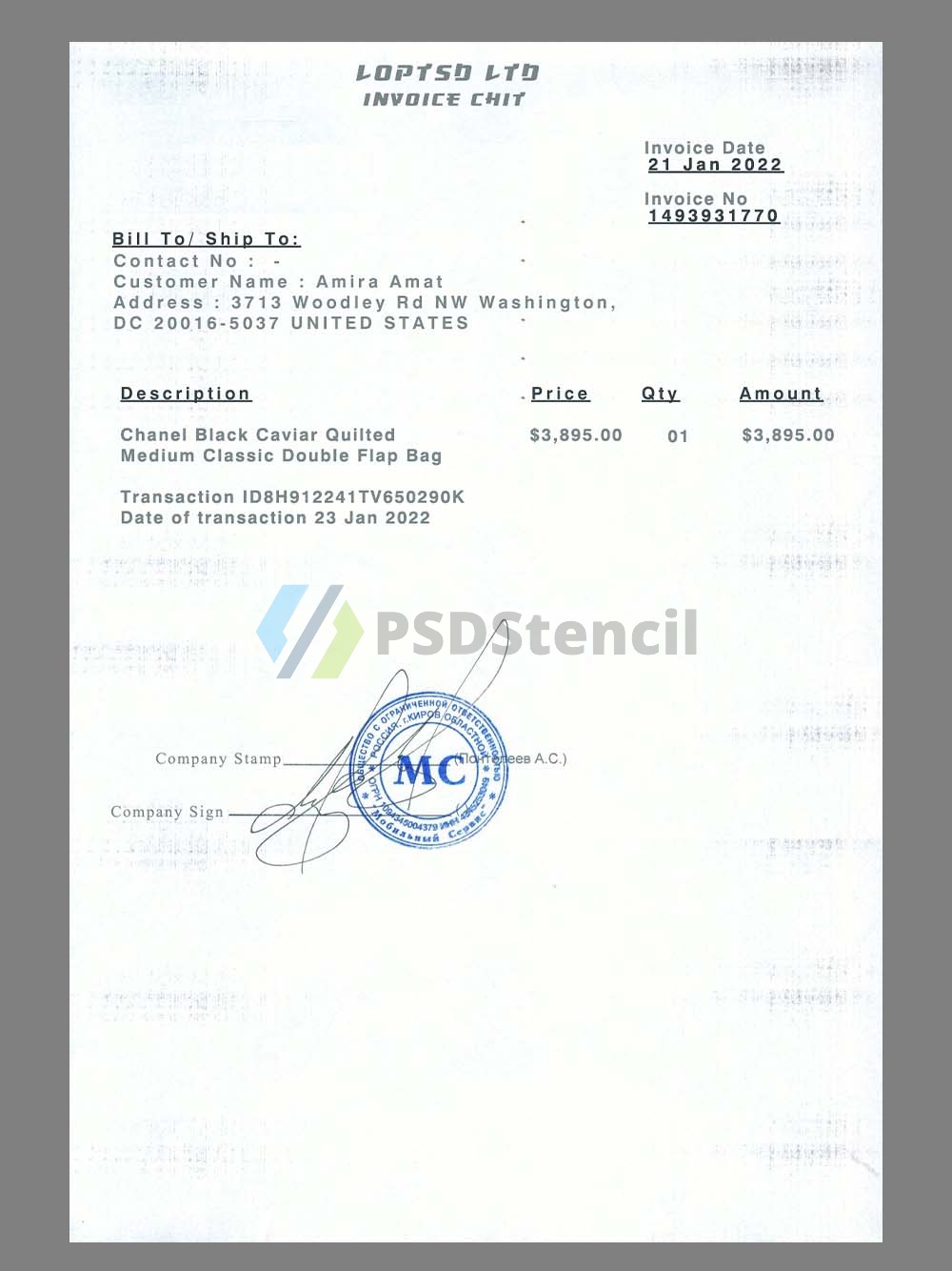 USA DC Company Invoice美国华盛顿企业采购账单psd模板