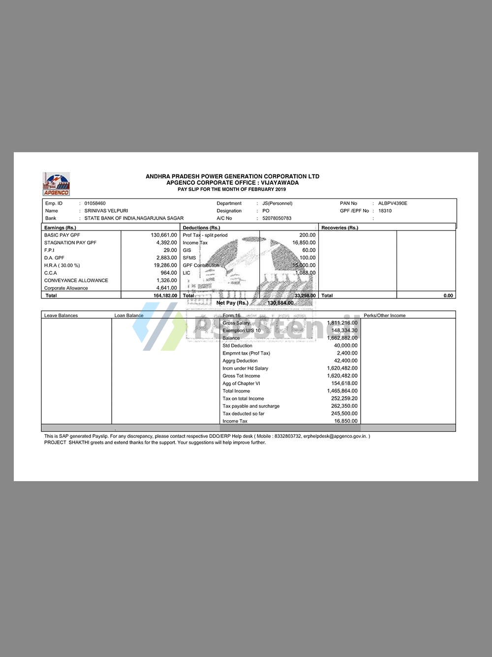 India APGENCO Paystub template印度电力公司收入证明/工资账单PDF模板