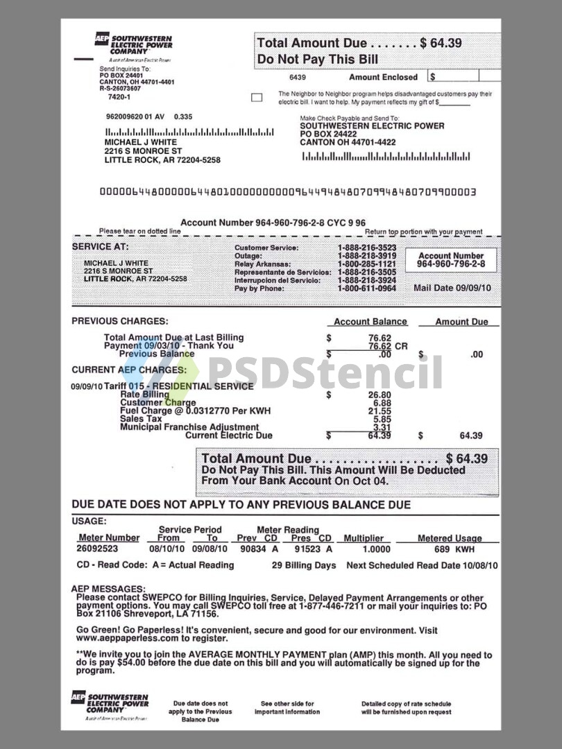 美国USA Arkansas Southwestern Electric Power Utility Bills水电费账单/KYC地址证明psd模板