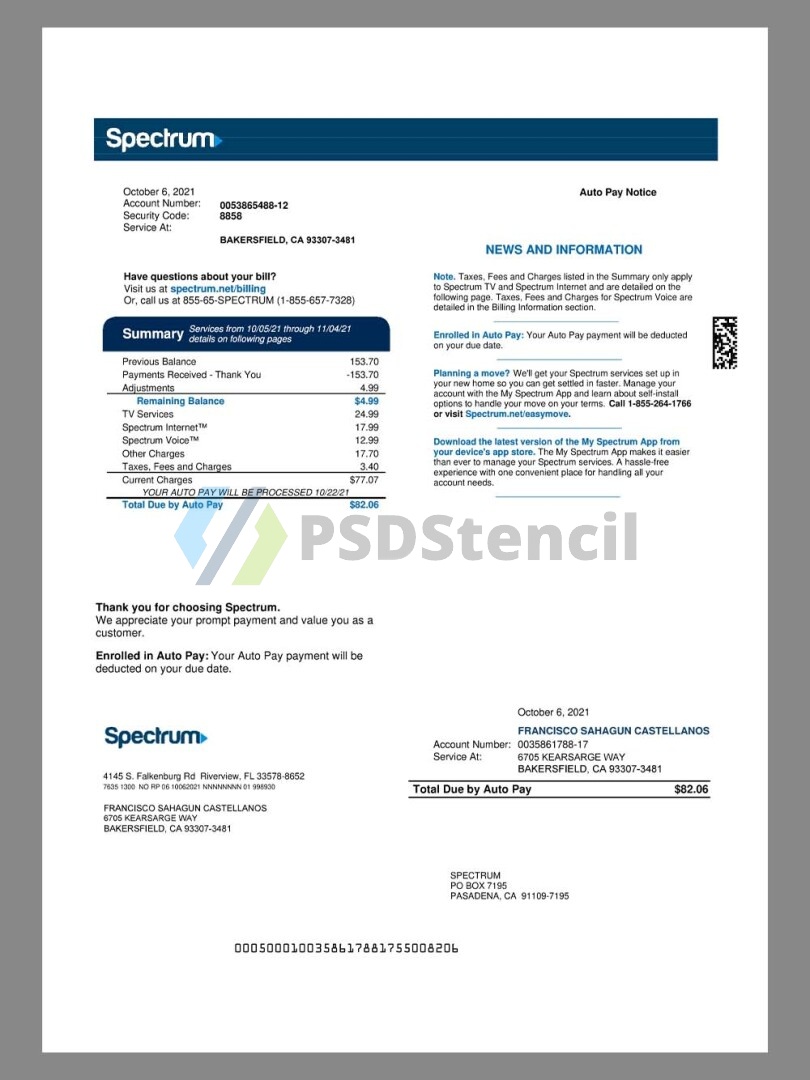 USA/America Spectrum Bills美国话费/宽带费/水电费账单word/pdf模板