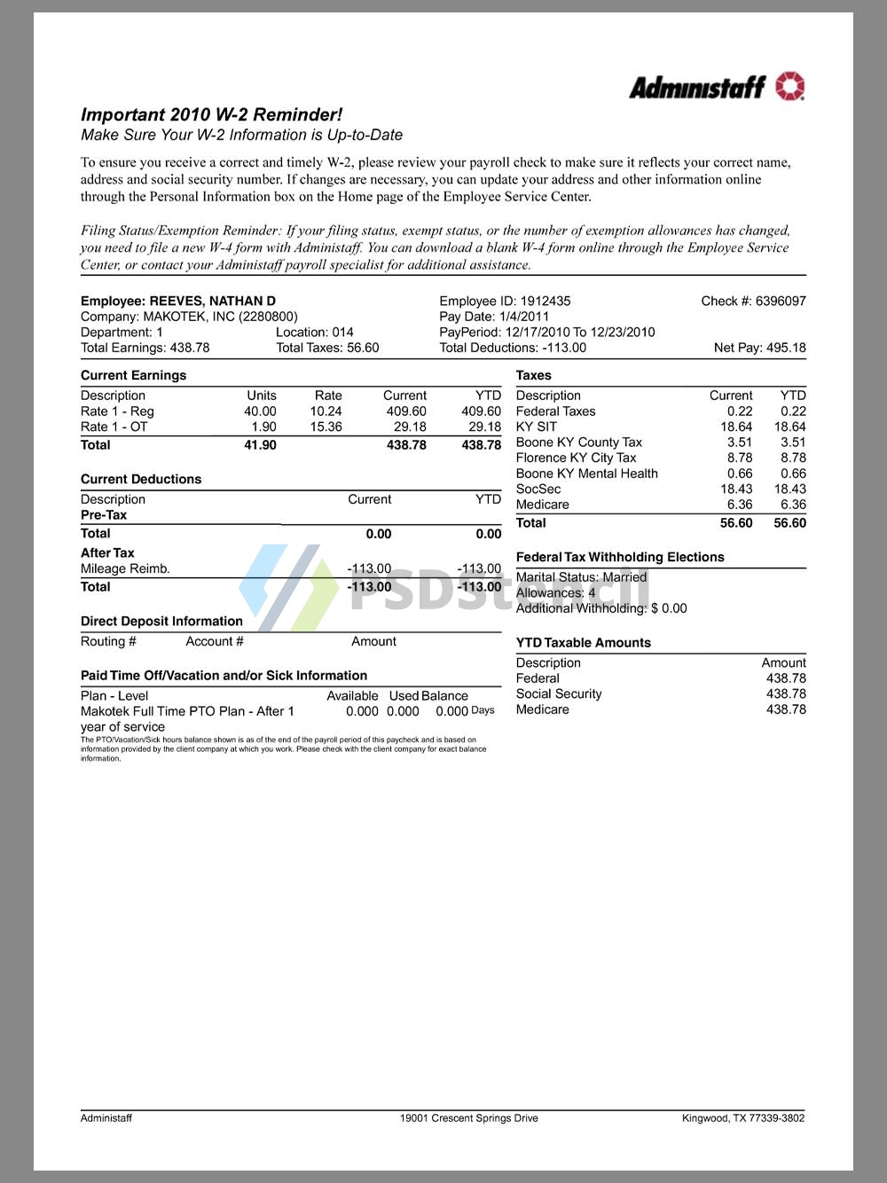 Administaff Paystub template人力资源公司收入证明/工资账单PDF模板