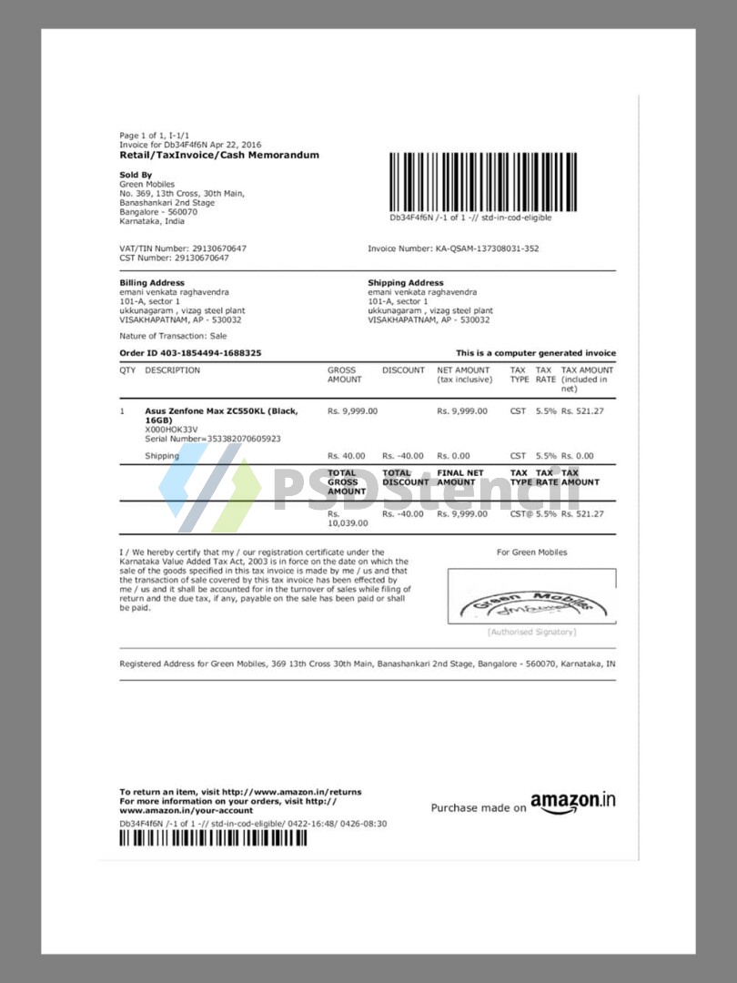 印度India Amazon Mobile话费水电费账单/KYC地址证明pdf模板